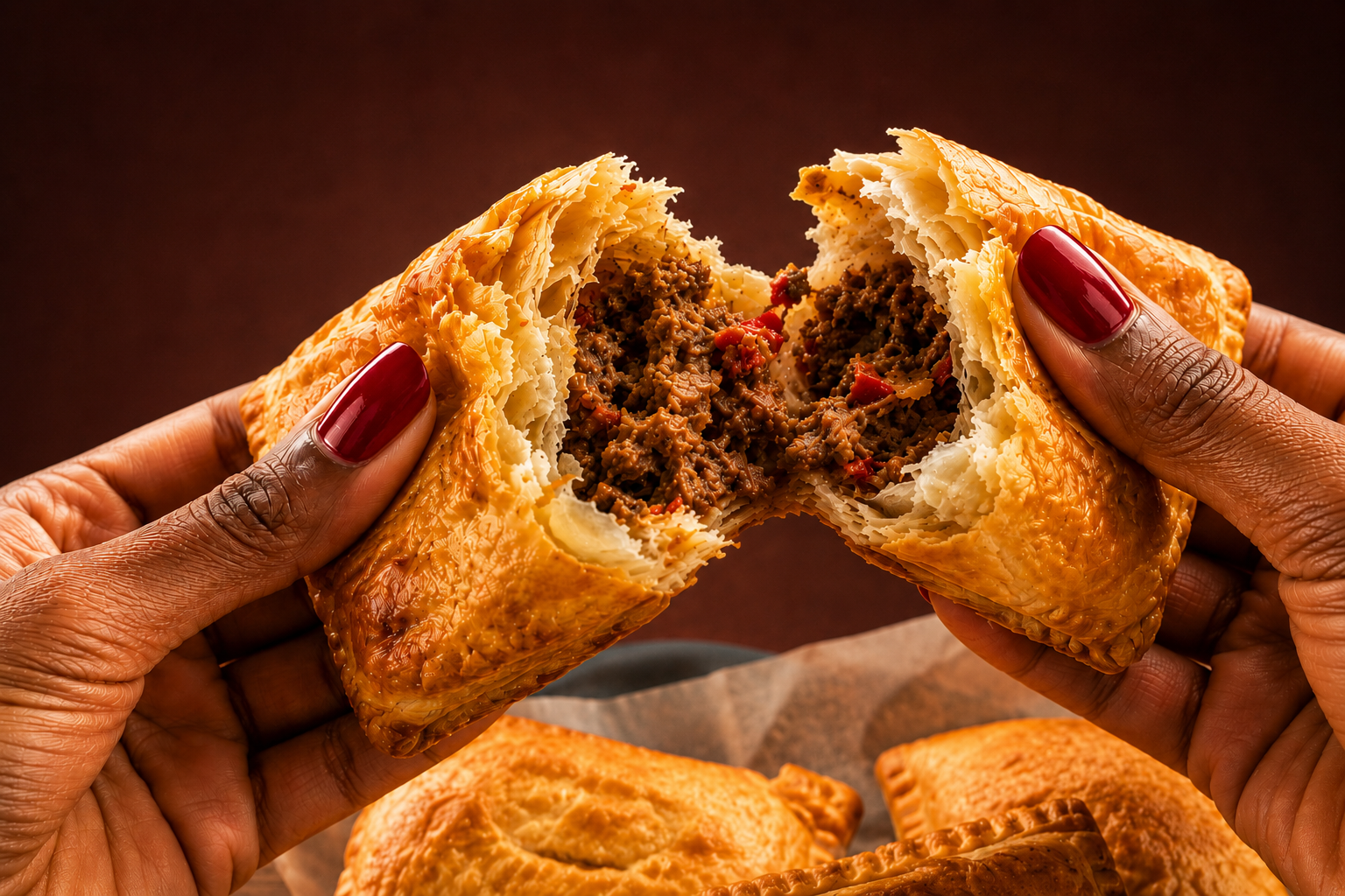 Flaky Haitian beef pâté broken open revealing seasoned filling